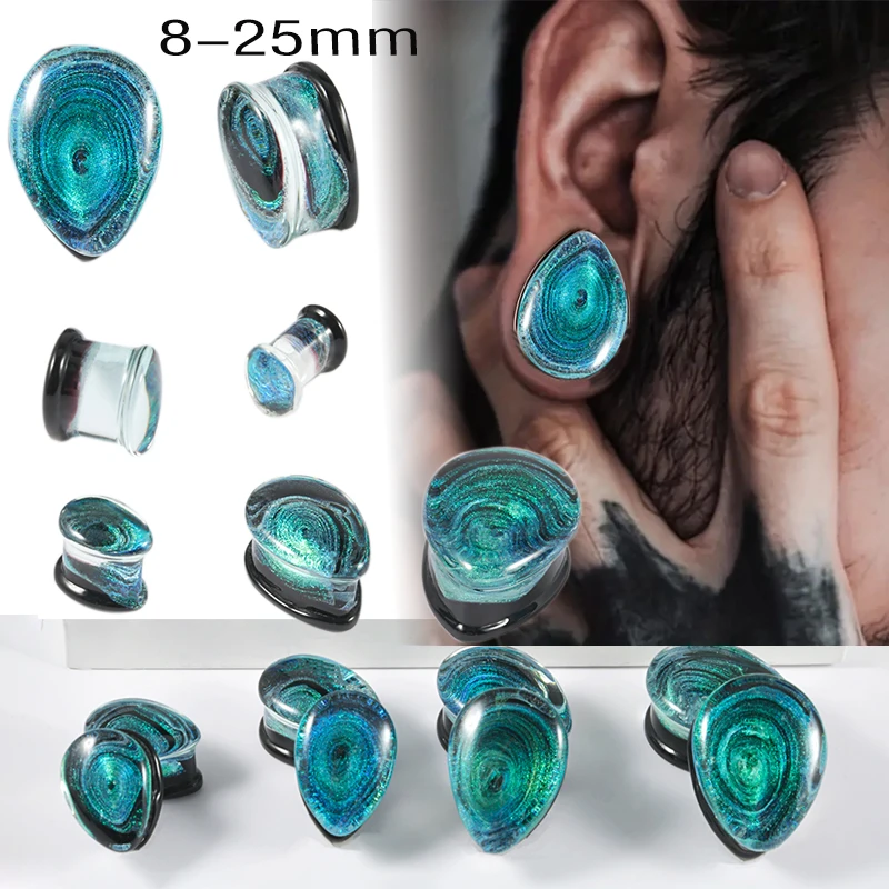 1-2PCS Glass Water Drop Blue Starry Sky Vortex Ear Tunnels Expander Strengther Weight Earrings 8-25mm Punk Style Ear Plugs