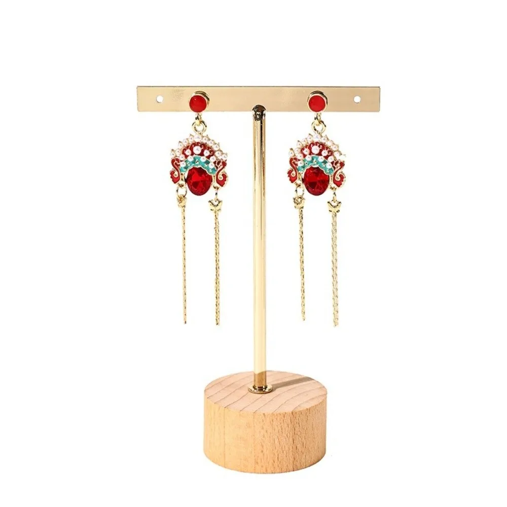T-Bar Jewelry Display Rack Photography Props Desktop Earring Display Stand With Wooden Base Earrings Hanging Organizer Earring