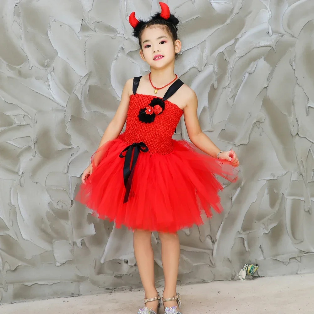 Demon Devil Costume for Girls Halloween Red Tulle Tutu Dress Toddler Kids Carnival Party Fancy Dress Up Clothes with Horns Set