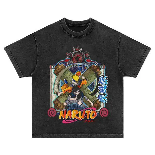 

Japanese Anime "Naruto" Character "Naruto" and "Sasuke" American-style Distressed Vintage Washed Round-neck Pure Cotton