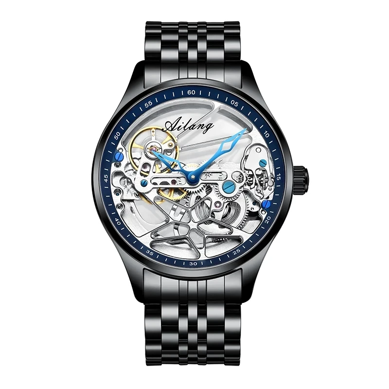 AILANG NEW Skeleton Automatic Movement Watch For Men Mechanical Luxury Black Steel Watches Mens Horloge Tourbillon 2023