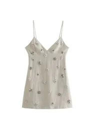 Women Chic Fashion Sleeveless Lnlay Mini Dress Vintage Thin Straps Summer Female Dresses Vestidos Mujer