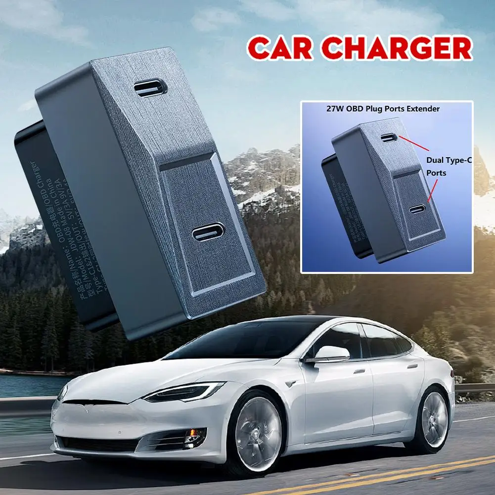 Hidden 27W OBD Charger PD Fast Charging Adapter For Tesla Model 3 Highland 2024 USB-C Dual Ports Plug And Play Car Charger