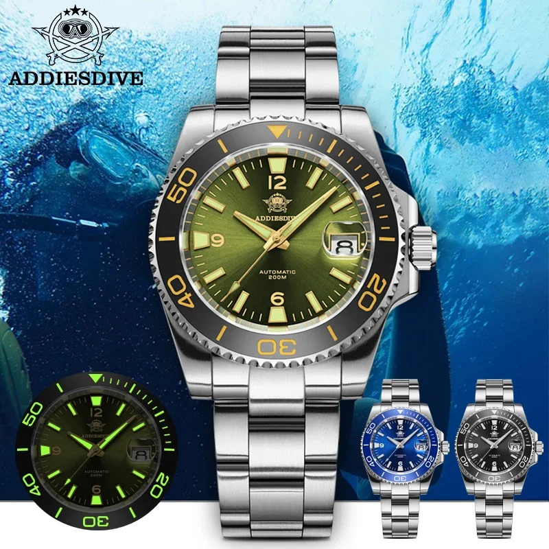 

ADDIESDIVE Men's Dive Watch Automatic Mechanical Sapphire Glass Waterproof 200m Watch Super Luminous Ceramic Bezel Steel Watches