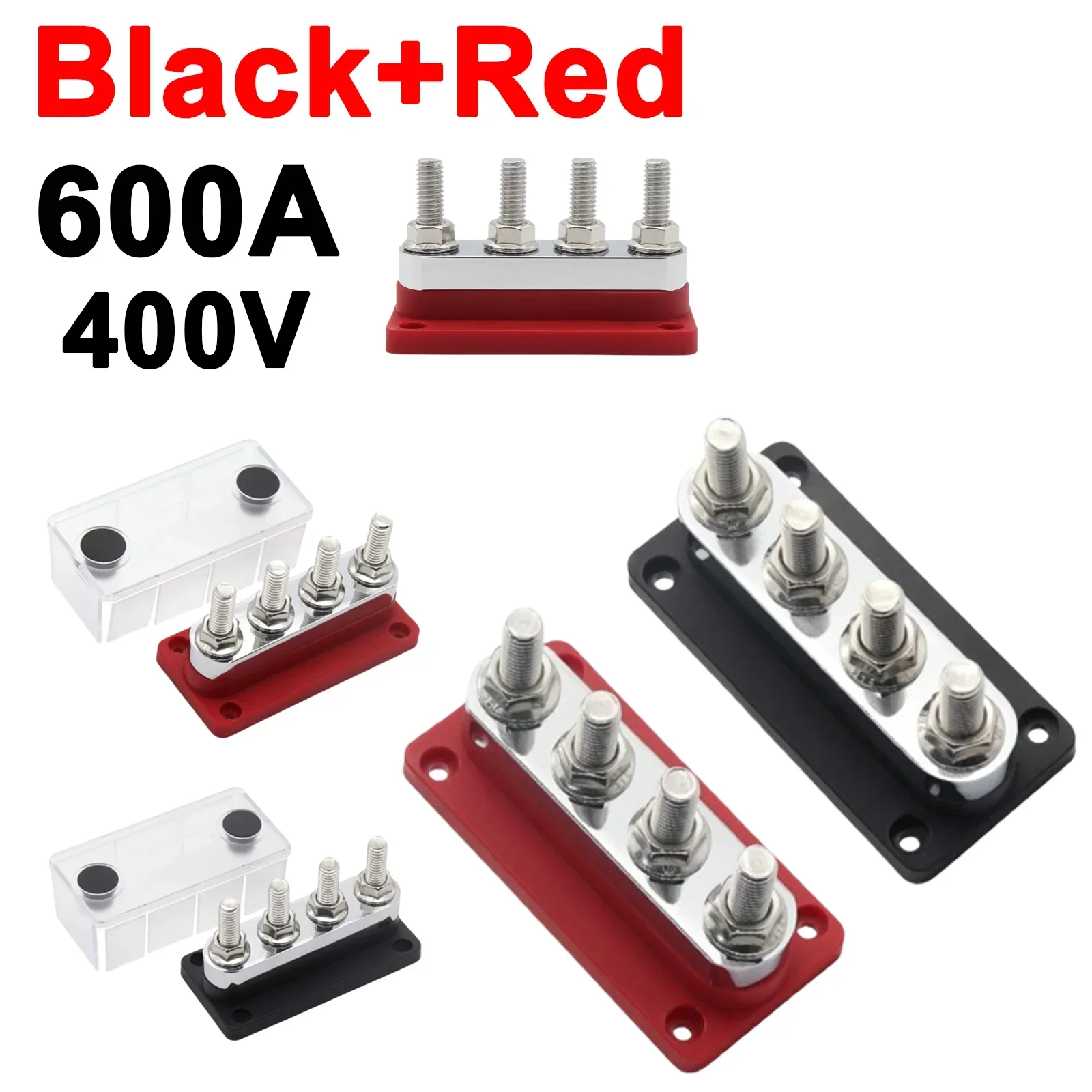 

1pc Black/Red Power Distribution Block Busbar Heavy Ship Modification 4-way High Current Busbar 600A 48V DC Bus Box With 4 Posts