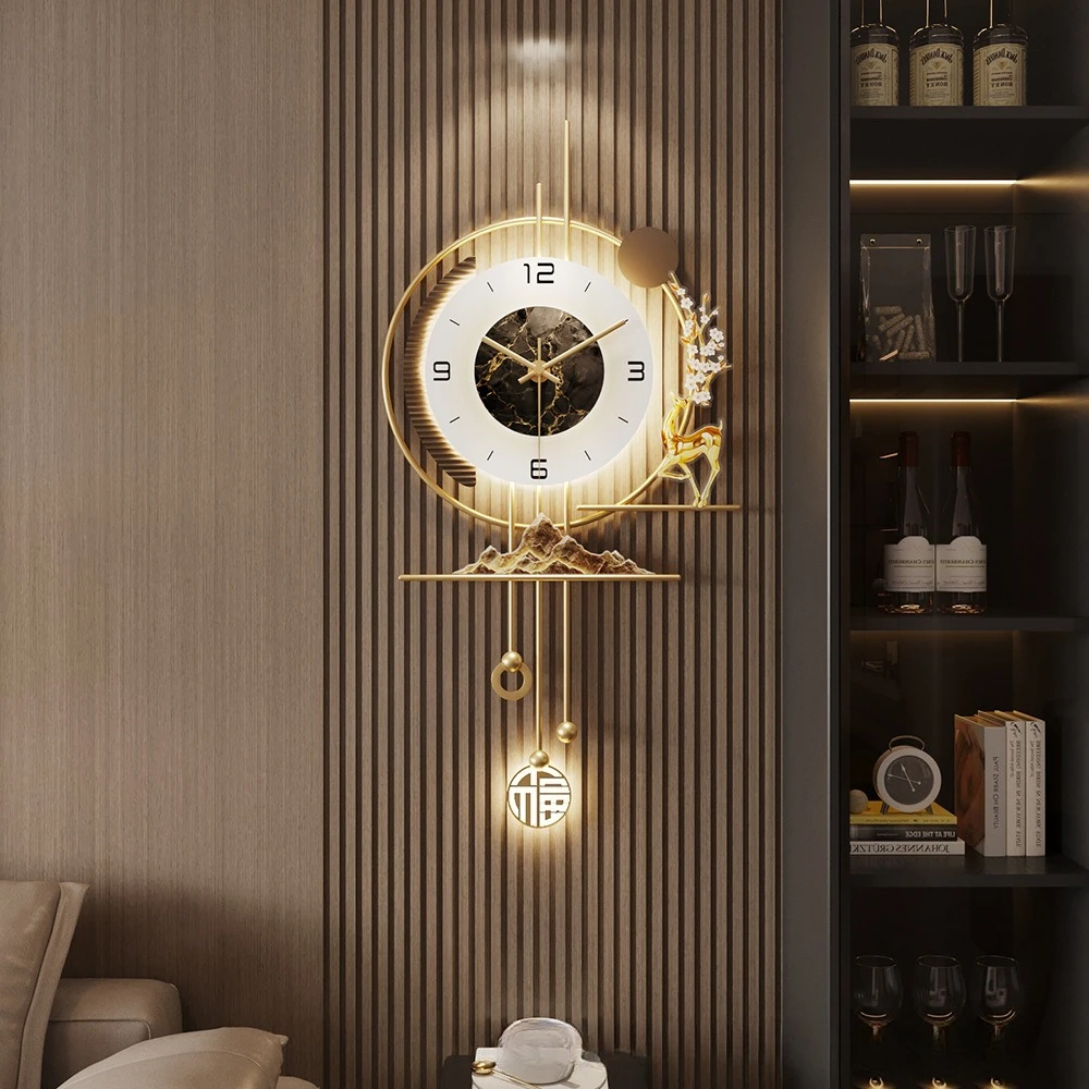 

High-end wooden grille decoration clock wall clock living room clock hanging wall 2026 new creative light luxury silent wall