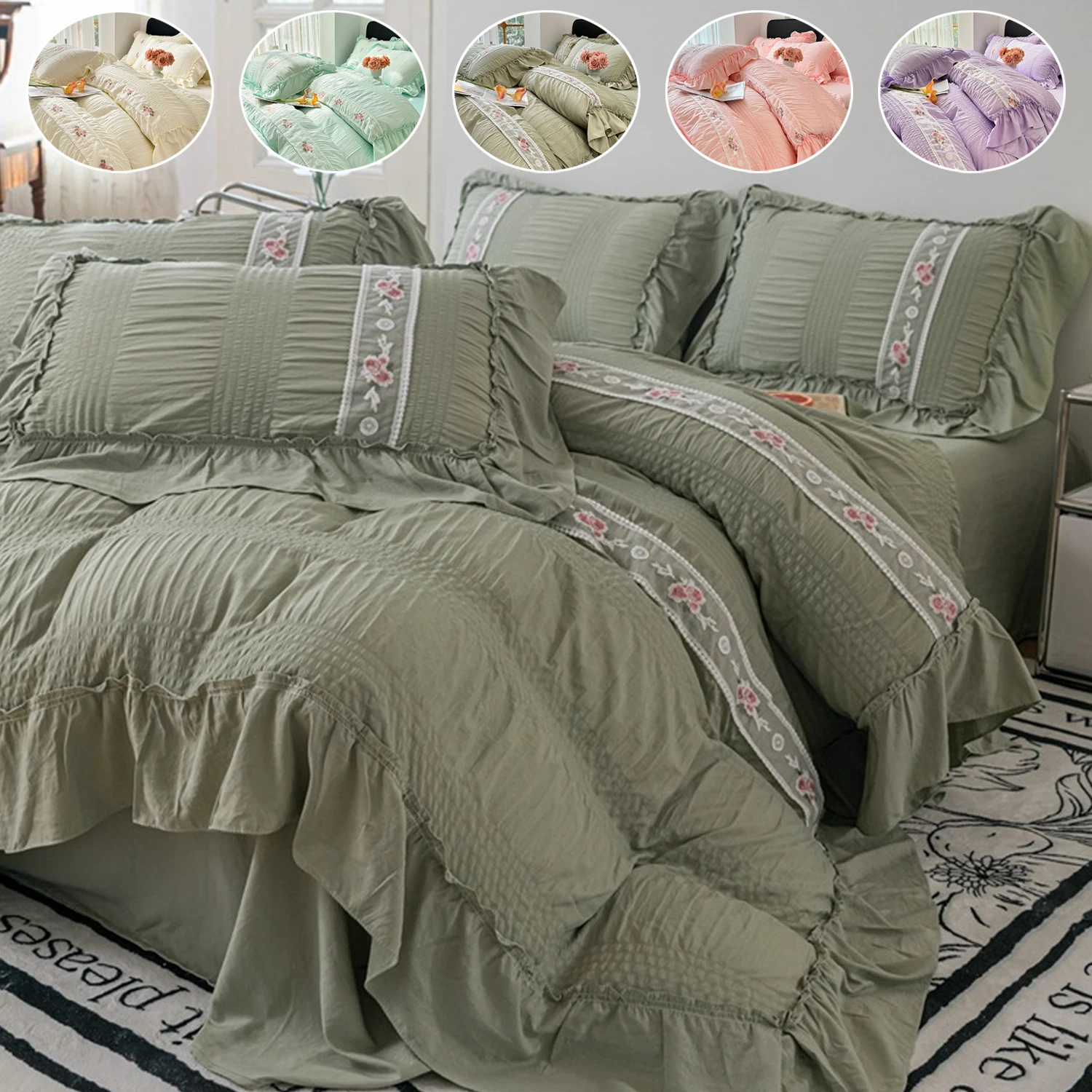 

3/4PCS Lace Seersucker Duvet Cover Set (1*Duvet Cover + 1*Bed Sheet + 2*Pillowcase) Korean Princess Style Lace Bedding Set 침구