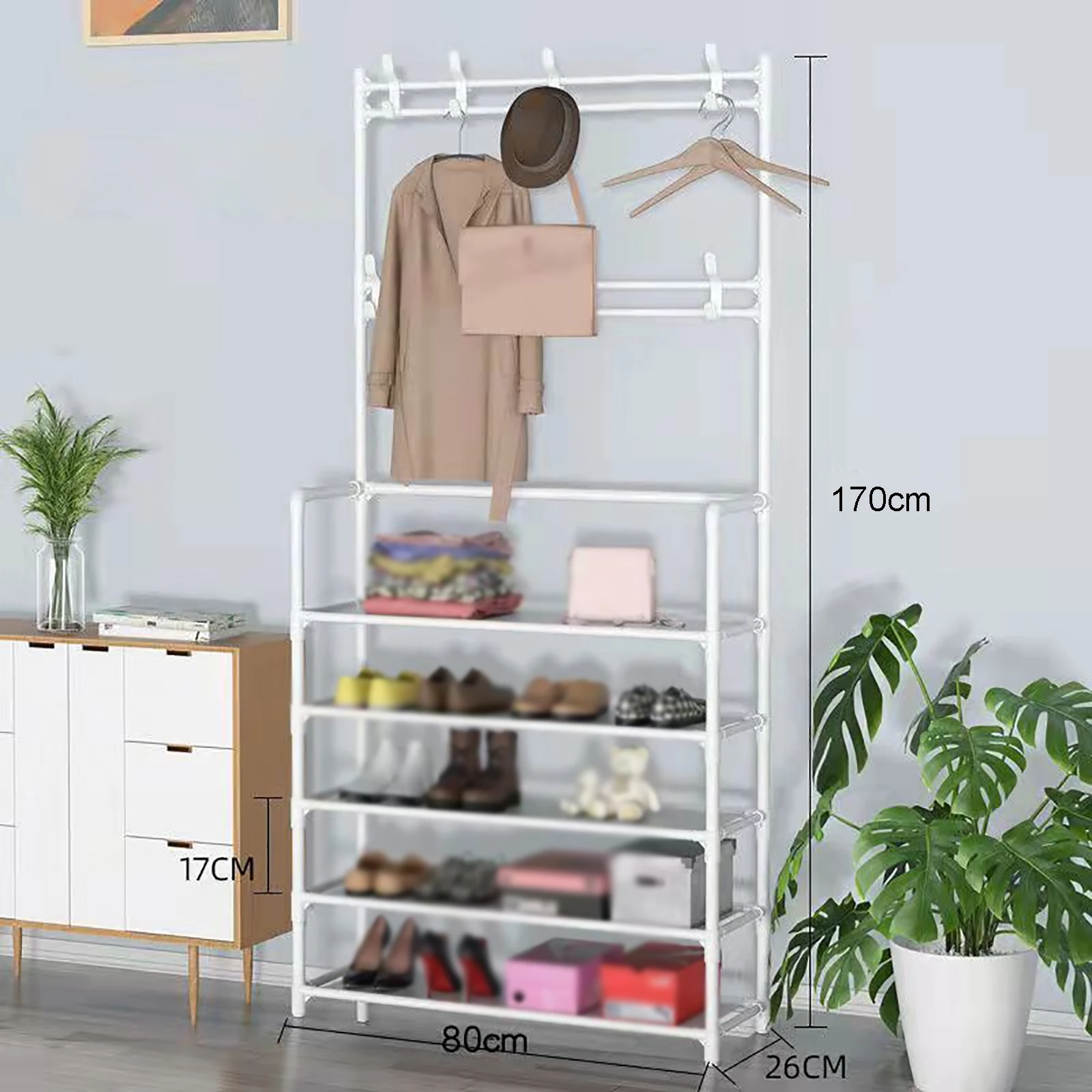 

4/5 Layers 80cm Floor Coat and Hat Rack Clothes Hanger and Shoe Rack Integrated Household Storage Shelf Large Space for Storage