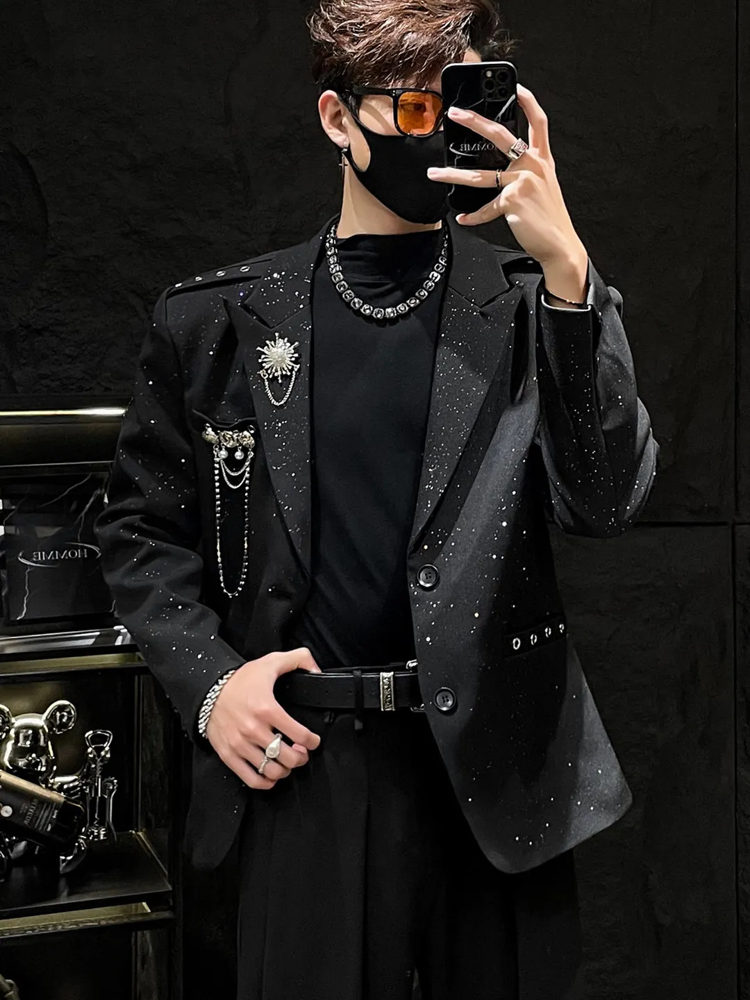 

Gold Stamp iny Men's Suit Jaet oulder Pads Spring Autumn Casual Design Polyester Fiber Warmth Long Sve