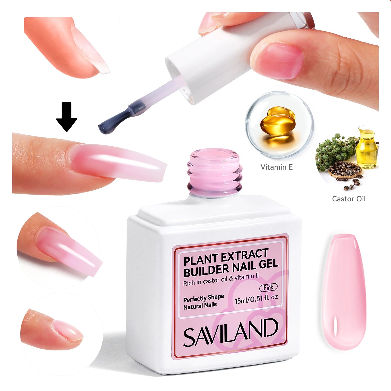 

Saviland Pink Builder Gel 15ml in Bottle with Castor Oil Vitamin E for Nail Extension Repair and Growth Hard Gel Strengthener