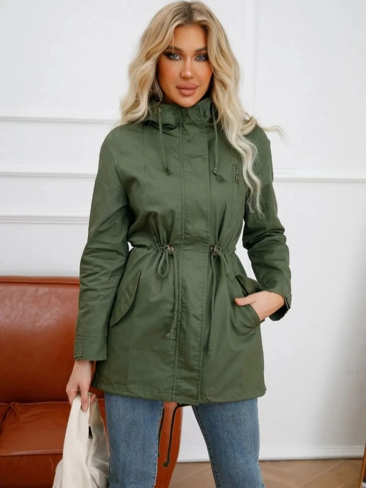 

XTOCEAN Cotton Hooded Trench Coat Women's Spring Autumn Jacket Zipper Loose Drawstring Solid Color Windbreaker Women's Clothing