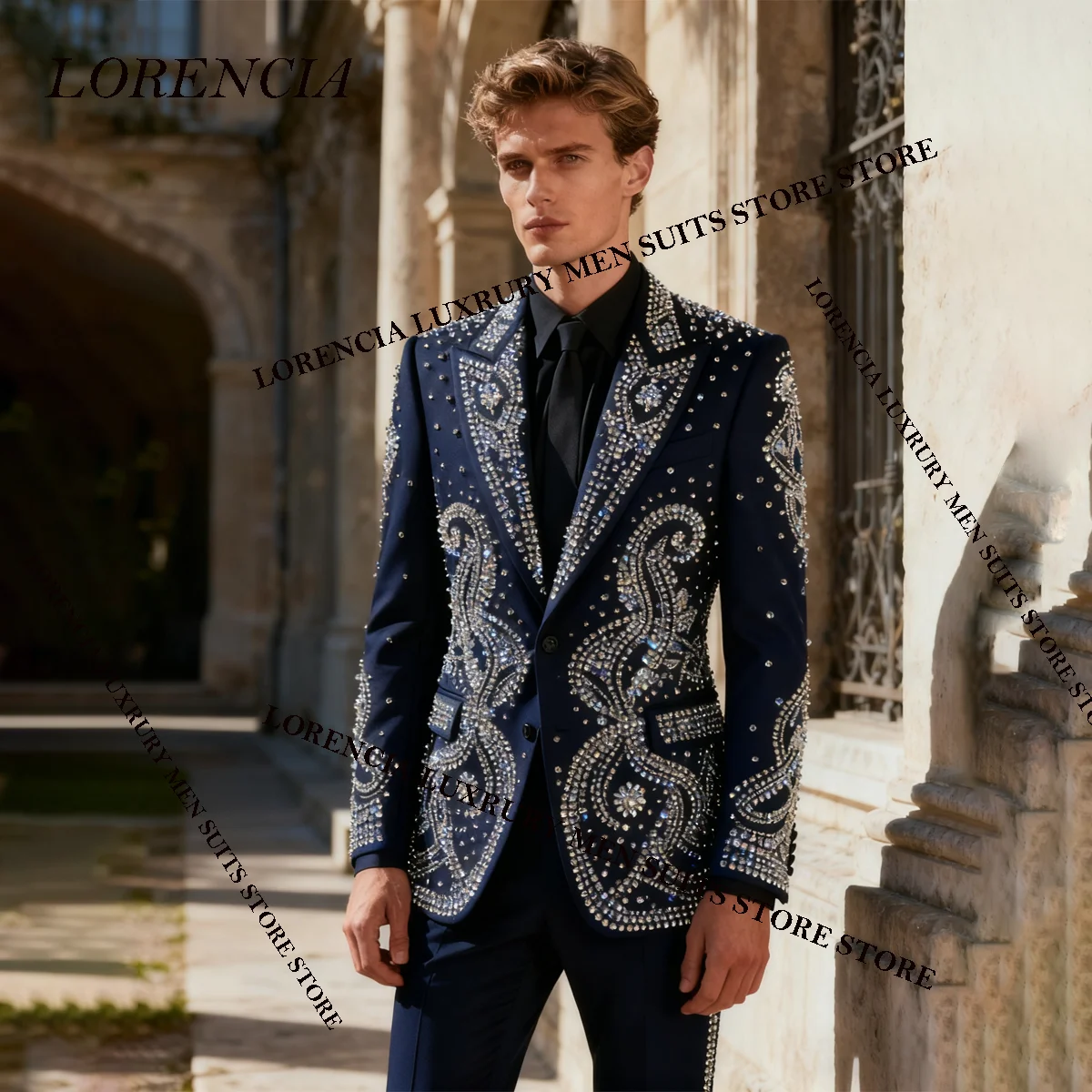 

Customized Slim Fit Men Suits Formal Peaked Lapel Ropa hombre 3Pieces Sets Groom Male Blazers Rhinestones Beaded Wedding Tuxedos