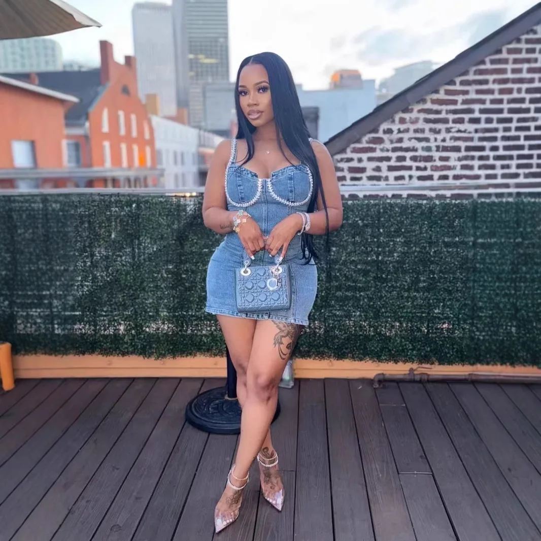 

Camisole Dress Sexy Sleeveless Women Denim Dresses Solid Spliced Sheath Slim Washed Distressed 2025 Summer Wrap Buttocks