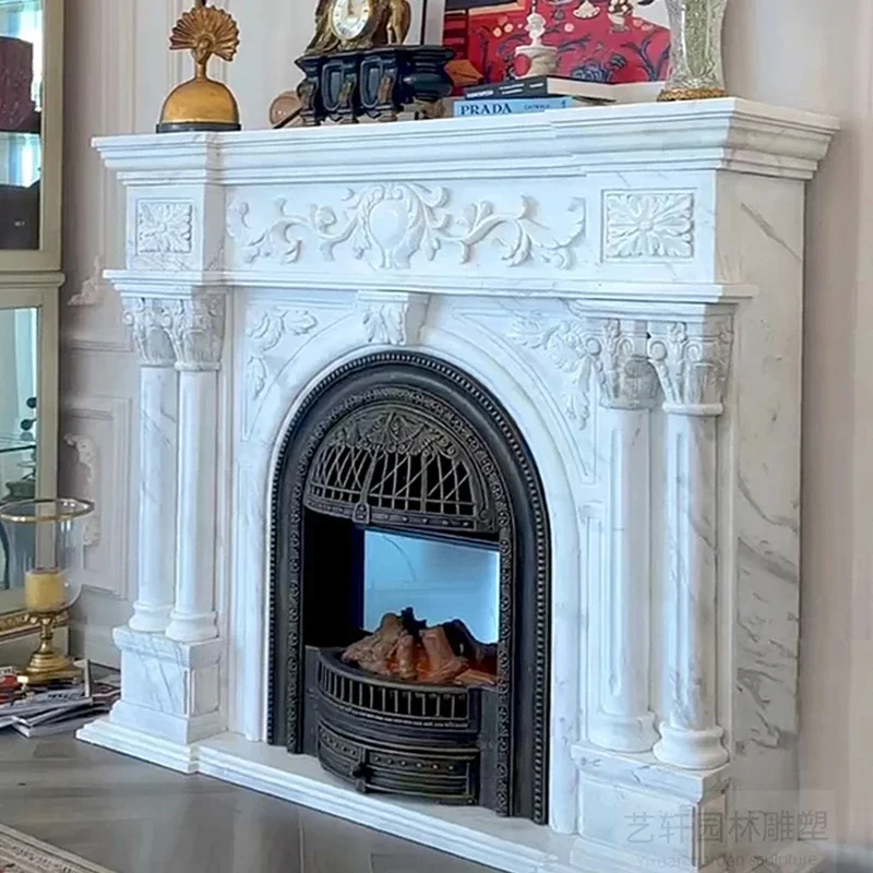 white marble mantel jazz white French European-style villa living room stone carving decorative cabinet customization