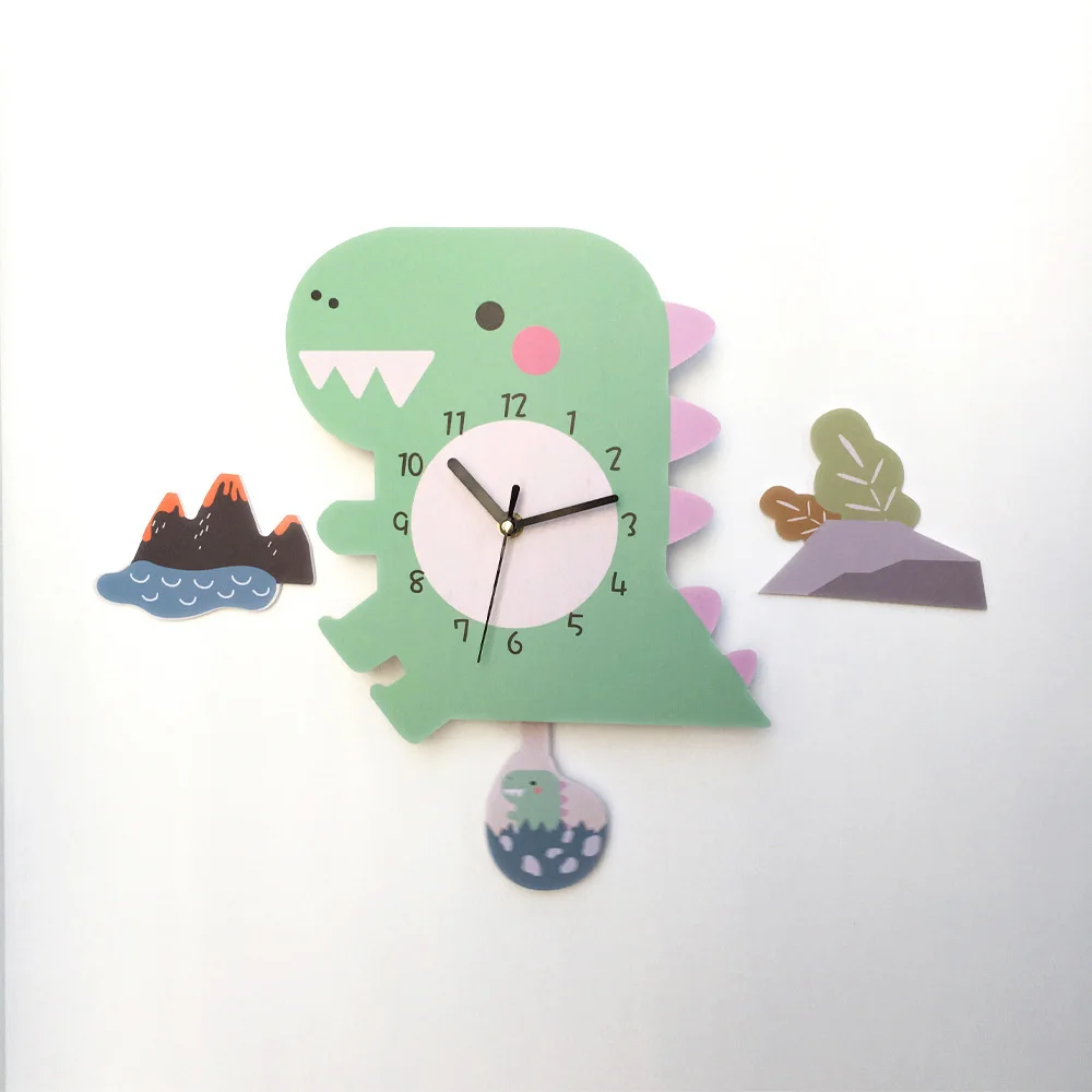 Cartoon Silent Dinosaur Pendulum Wall Clock Kids Toys Cartoon Handwork DIY Movement Clocks for Boys Room Kids Room Wall Decor