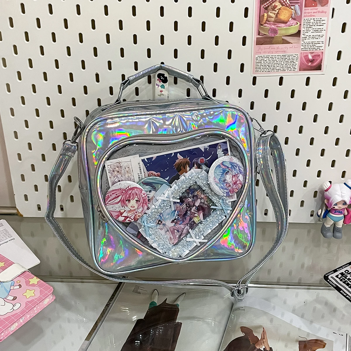 Holographic PU Leather Cute Heart Pin Display ITA Bag Girls Student Rucksack Crossbody Itabag Female Lolita Purse School Bag