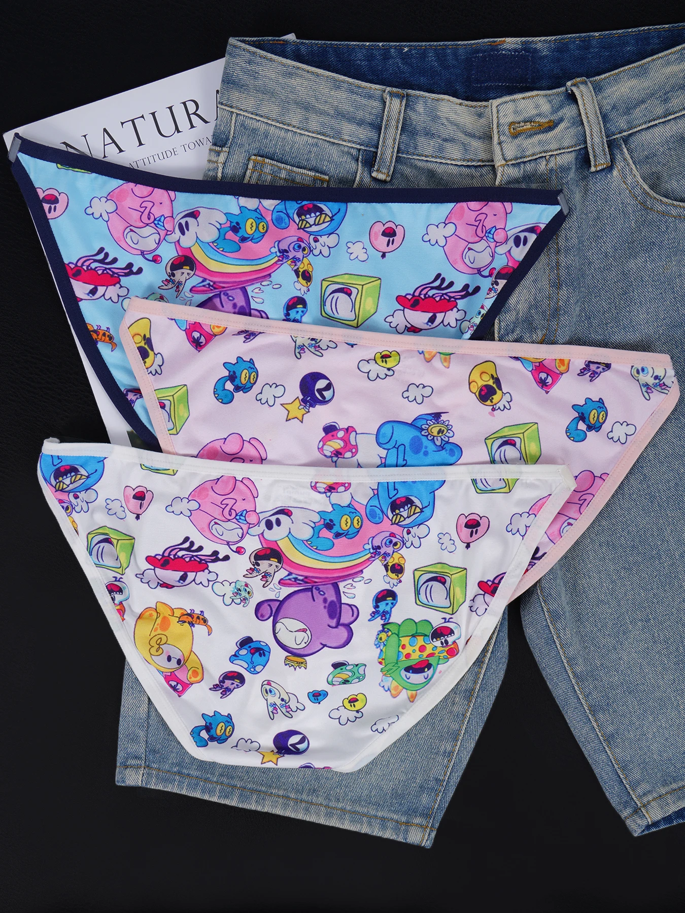 3 PCS Men's Nylon Cotton Blend Briefs U Convex Pouch Sheer Elastic Waistband Cartoon Print No-Bound Breathable Underwear