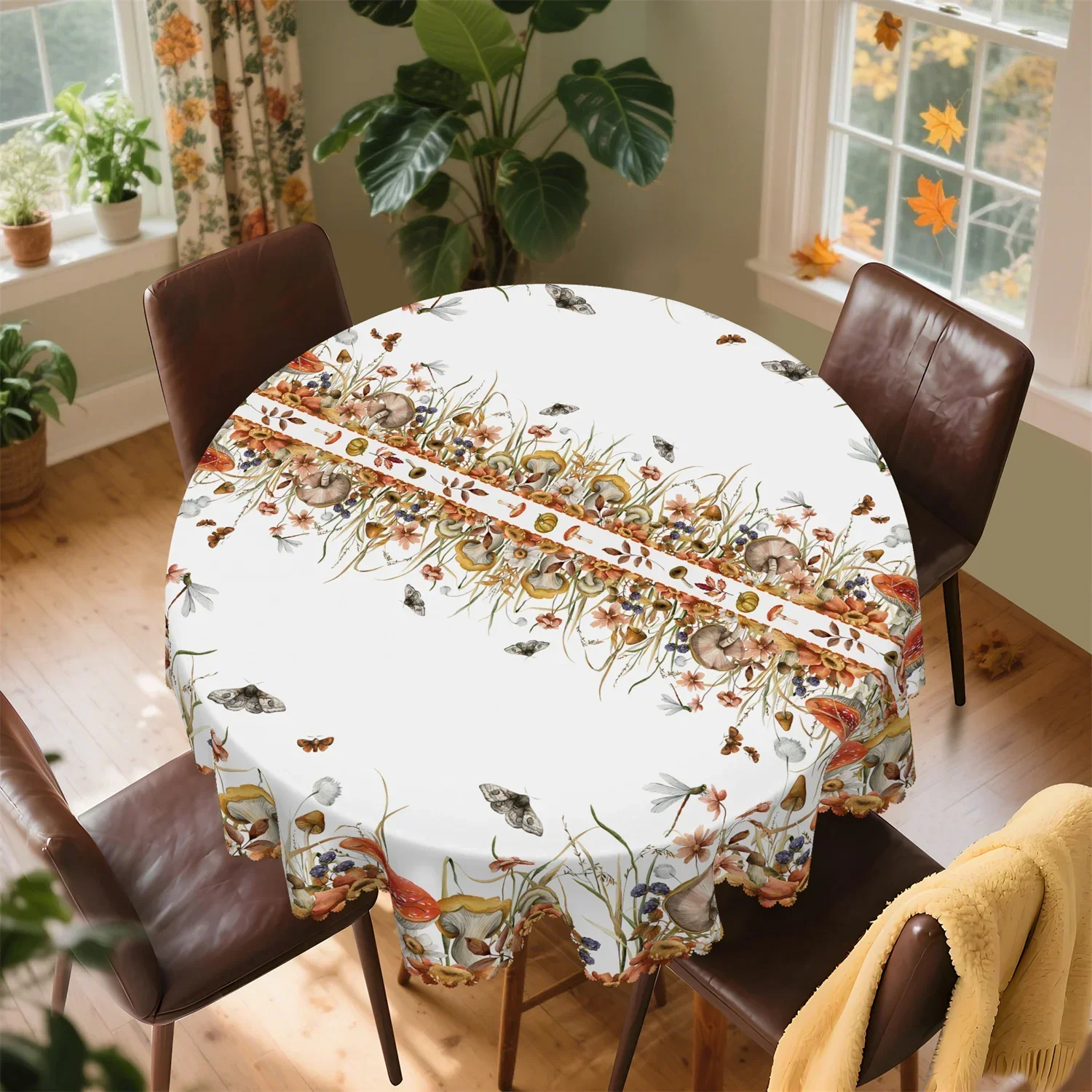 Flower, mushroom, moth, leaves, branches, stems, autumn tablecloth, 1 pack, suitable for Thanksgiving kitchen tablexzj