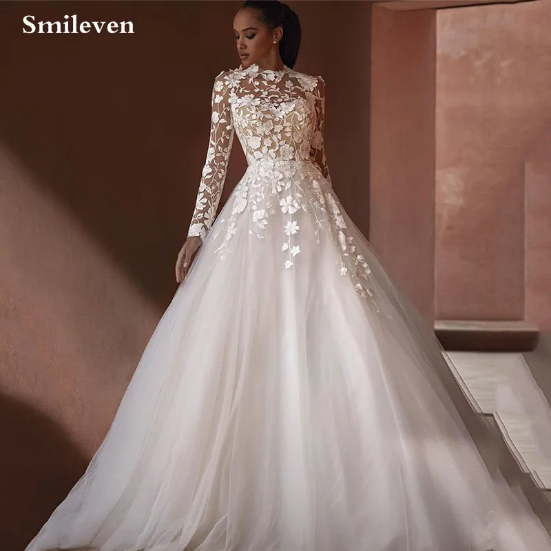 

Smileven Lace Wedding Dress A Line Long Sleeve High Neck Appliques Bride Dresses Vestido de novia 2024 Customized