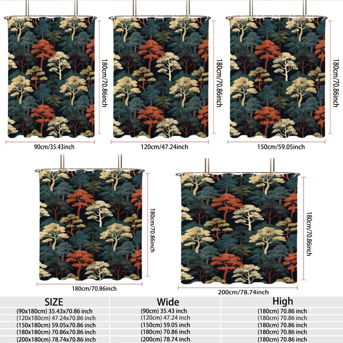 Vintage Woodland Scenery Colorful Trees Repeating Pattern Dark Background Bath curtain, Cozy Soft Warm 