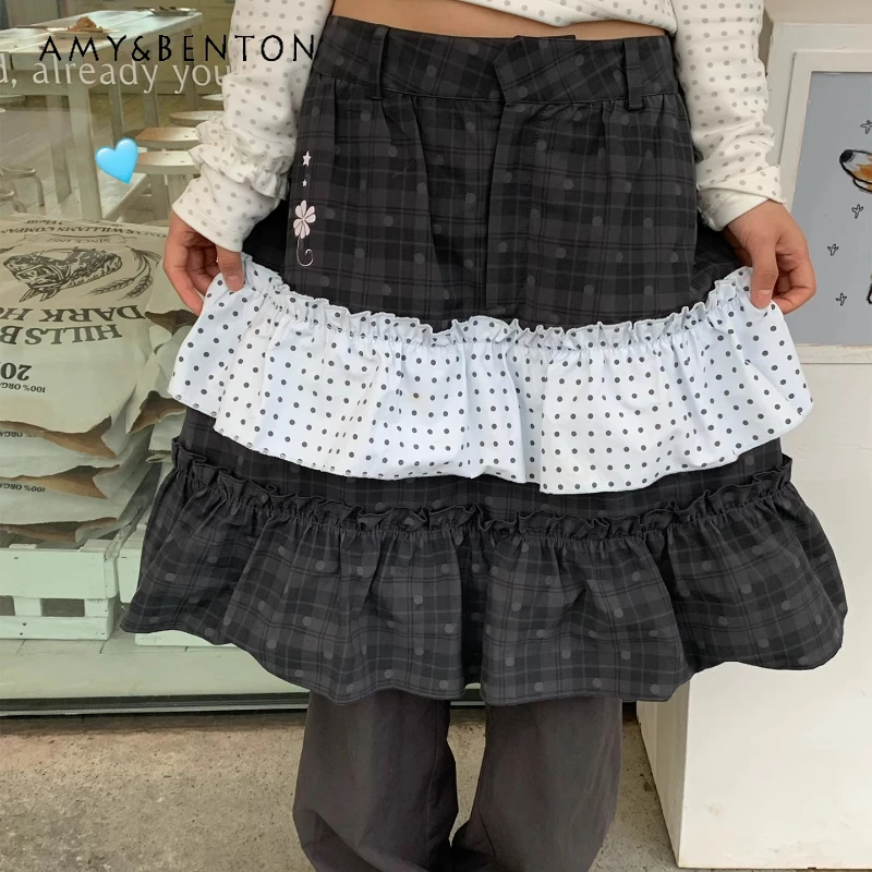 

Original Retro Design Gray Blue Polka Dot Splicing Women's Skirt Pants 2025 Autumn New Straight Loose Versatile Overalls Ladies
