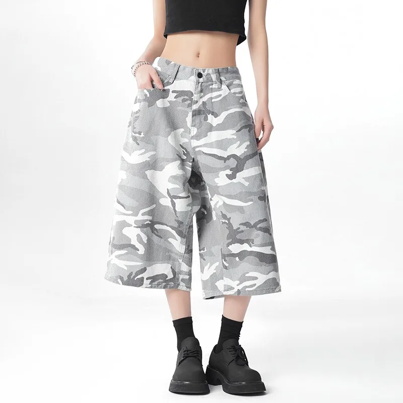 Tall Women Vintage American Style White Camo Cargo Capri Pants High Waist Loose Wide Leg Casual Cropped Denim Trousers