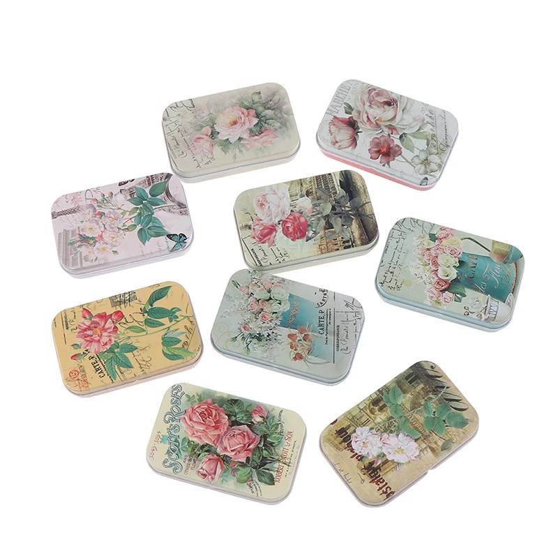 1 Pc Vintage Flower Printed Small Tin Box Metal Storage Case Empty Candy Coin Pill U Disk Organizer Container Hinged Box