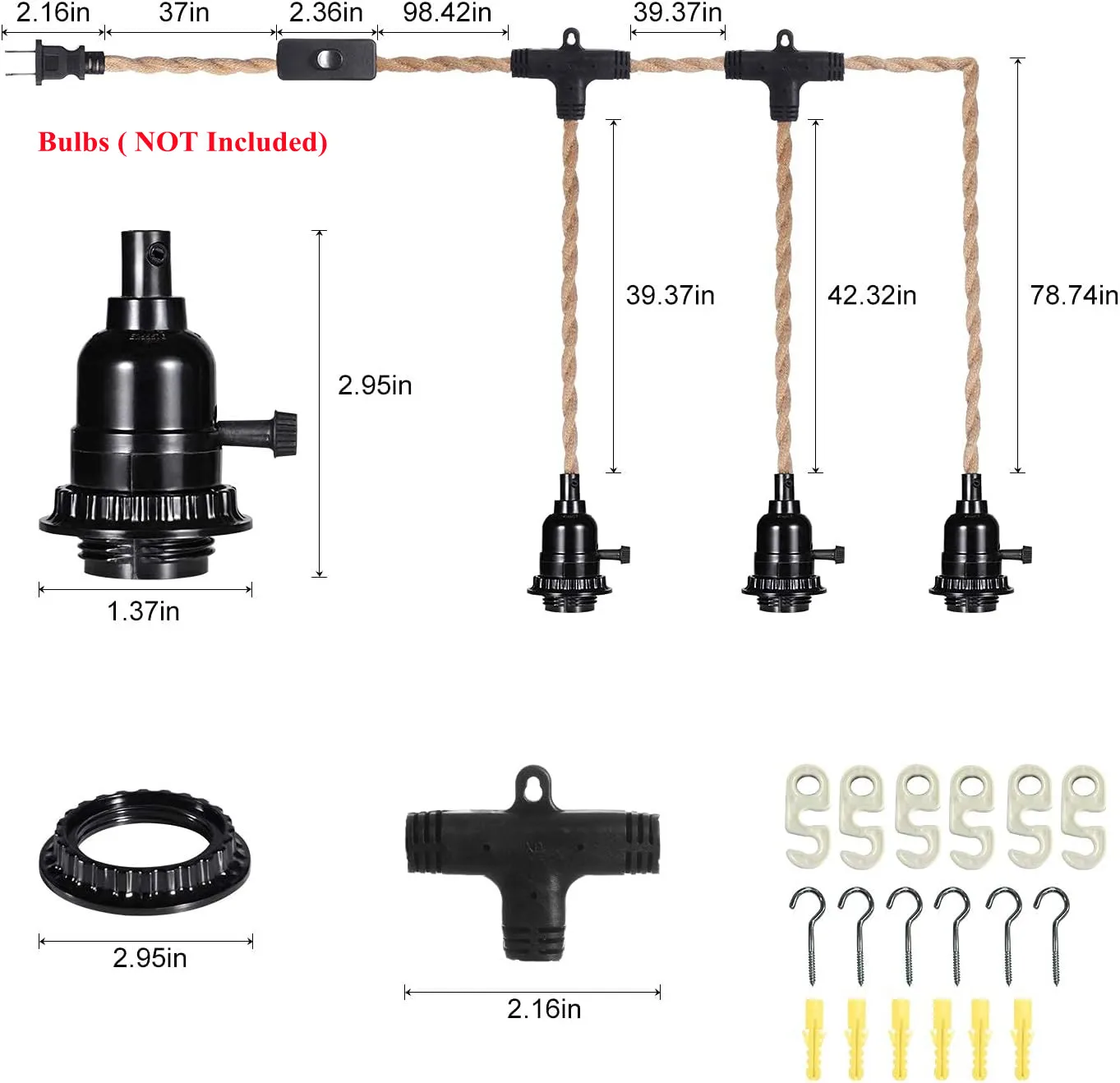 Hang Light Fixture,20FT 3 Bulbs Pendant Lamp Lights Cord with Switch Cord E26 Bulbs Socket, Industrial Hemp Rope Overhead Lamps