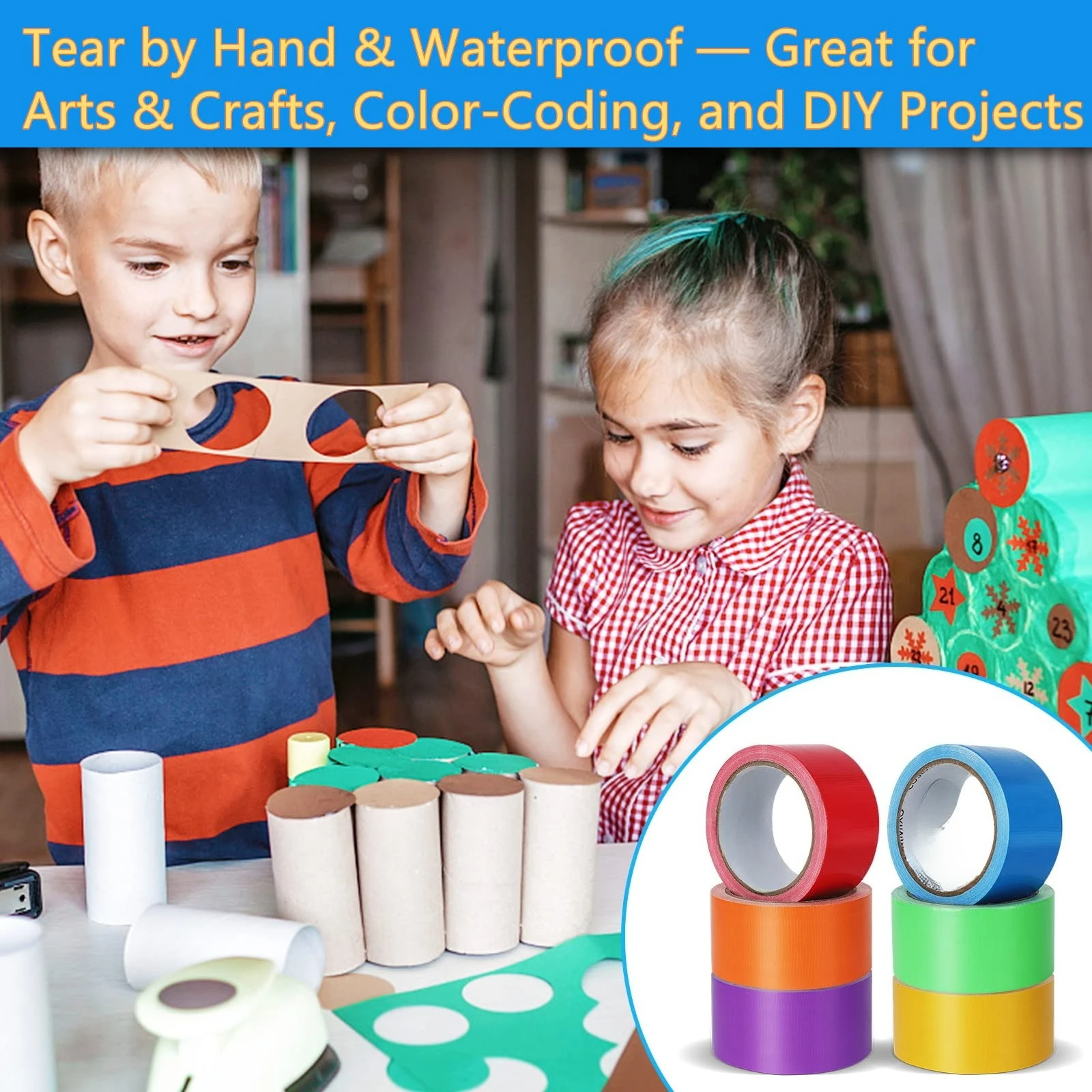 3PCS Rainbow Colored Fabric Tape No Residue,Waterproof,Great for Packaging, Arts Color-Coding and DIY Projects