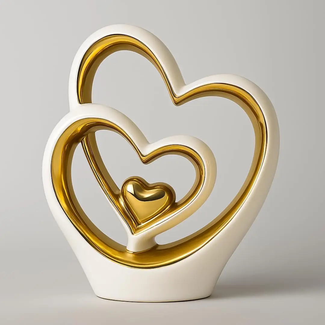 Golden Heart Ornaments, Elegant Ceramic Sculpture Tabletop Ornaments, Centerpieces For Romantic Anniversary Or Valentine's Day