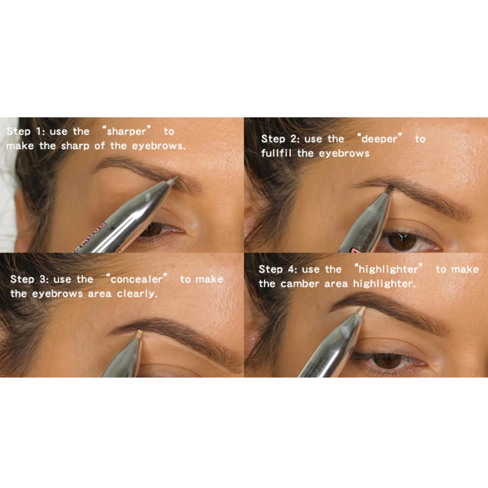 Caneta de destaque para contorno de sobrancelha 4 em 1, à prova d'água, longa duração, maquiagem para os olhos, ferramenta de beleza, lápis de definição de sobrancelha