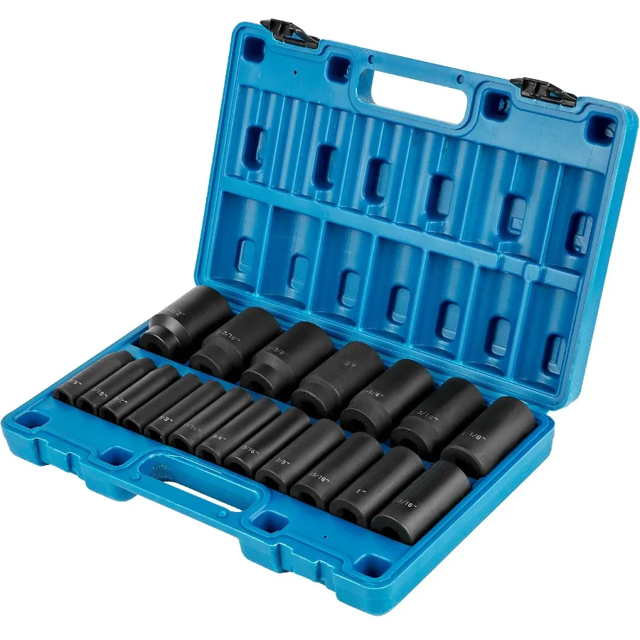 

1/2 Drive Impact Socket Wrench Set, 19-Piece, Heavy-Duty Chrome Vanadium Steel, Black Oxide Finish, for Automotive Repair Mecha