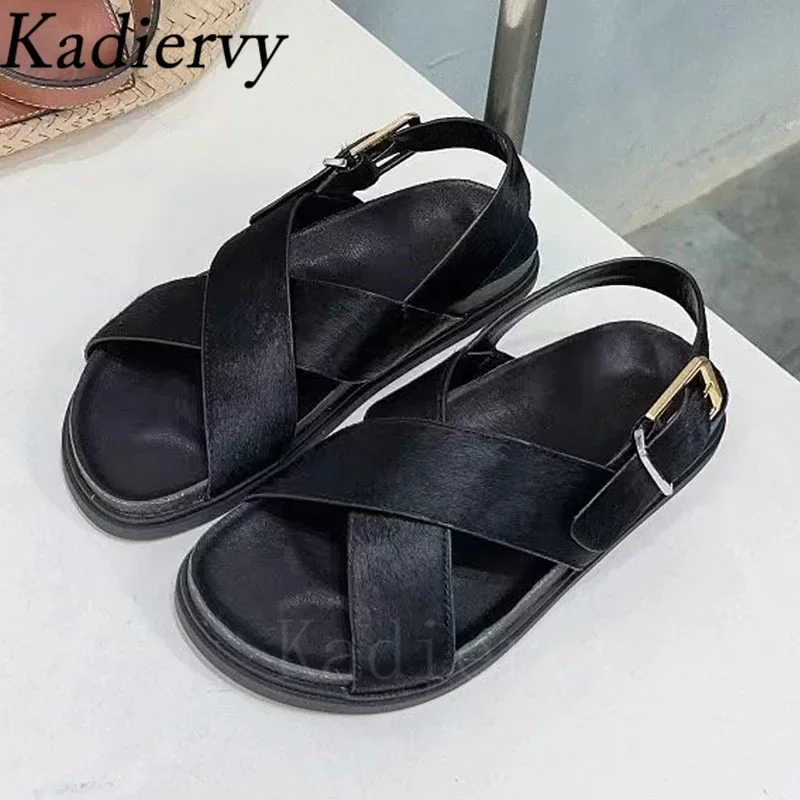 New Flat Sandals Woman Genuine Leather Cross Strap Holiday Beach Shoes Woman Thick Sole Roman Sandals Women Sandalias Mujer