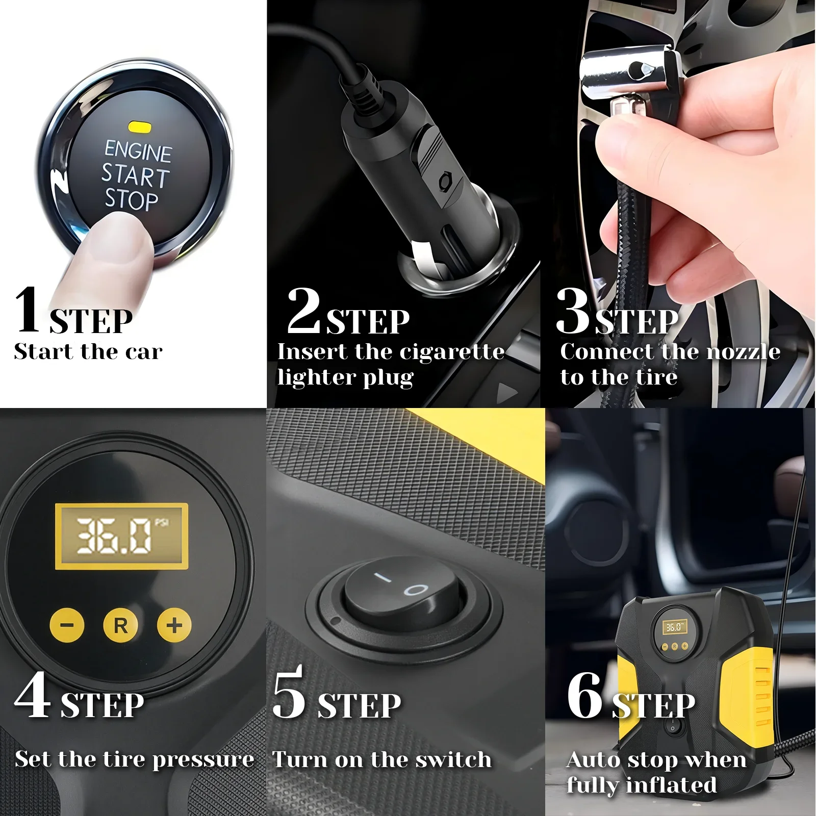 12V Car Tire Inflator with Digital Display, Preset Pressure Shutoff, Compact Portable Air Pump for Vehicles