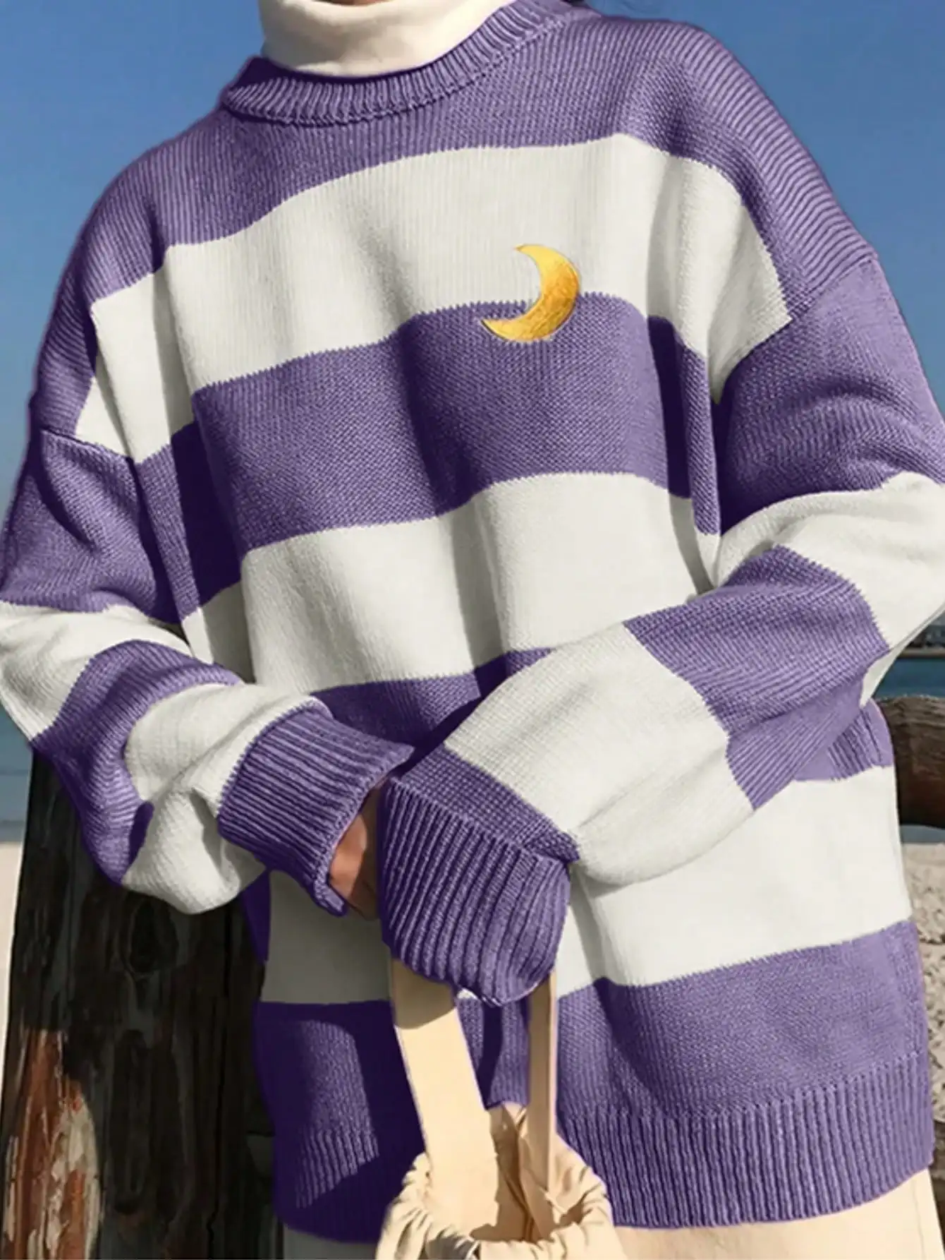 

Plus Size Women's Casual Color Block Striped Moon Pattern Long Sleeve Knit Pullover Sweater, Perfect for Fall & Winter
