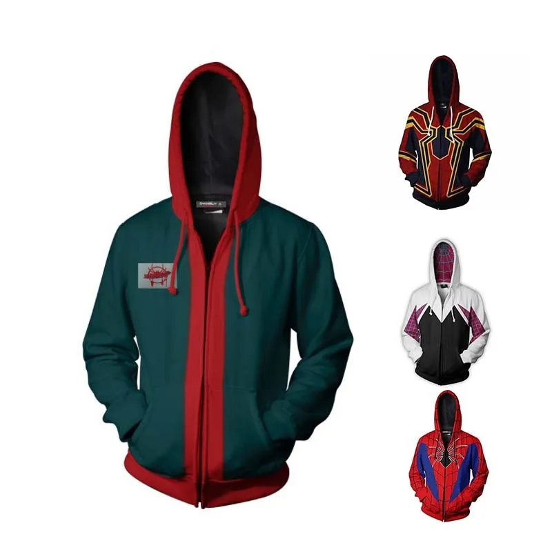 Halloween Men Women Kids Cosplay Costumes Spiderman Miles Morales Zip-up Hoodies Jacket Winter Child Hooded Sweatshirts Gift