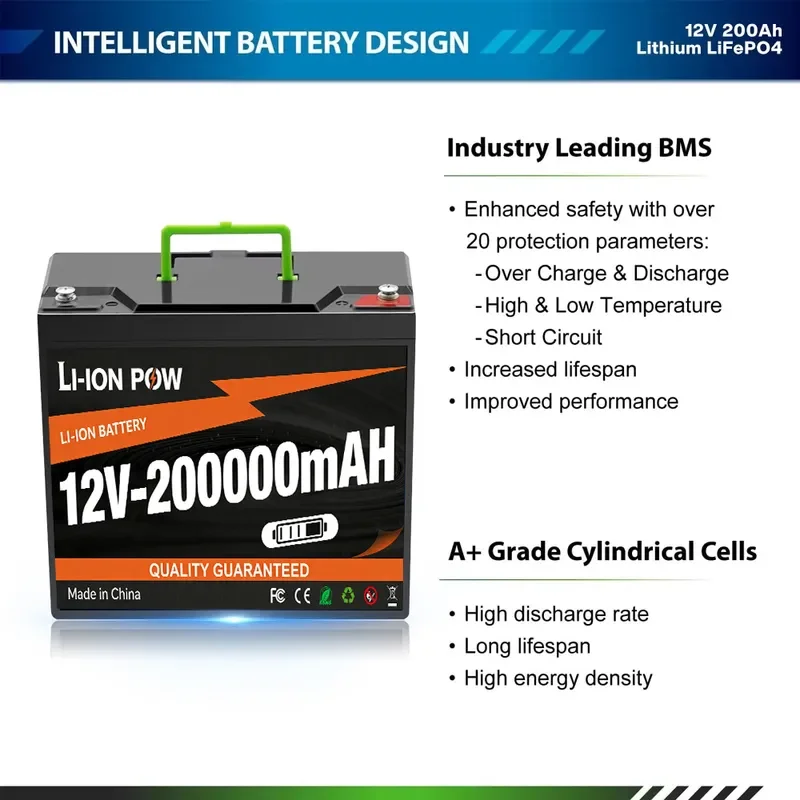12V 200Ah Lithium Battery with Handle 12 Volt 200000mAh Energy Storage Power Supply Large Capacity 100 Amps