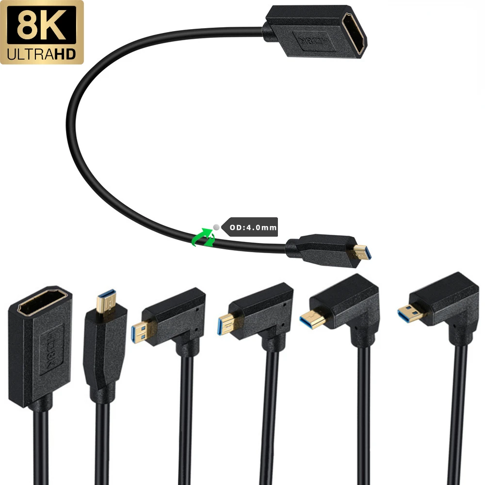 

HDMI 2.1V 8K@60Hz 4K@120Hz Micro HDMI TO Mini HDMI Connector Adapter camera Thin soft flexible cable Cord Black 0.3m OD4.0MM