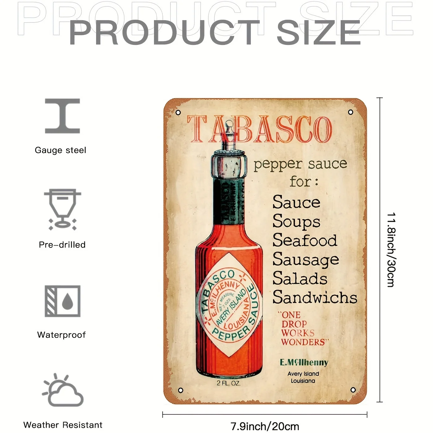 Tabasco Vintage Metal Painting Label Wall Art, Vintage Advertising, Bedroom Bar, Hallway, 73Garage Wall Decoration, 1Pc