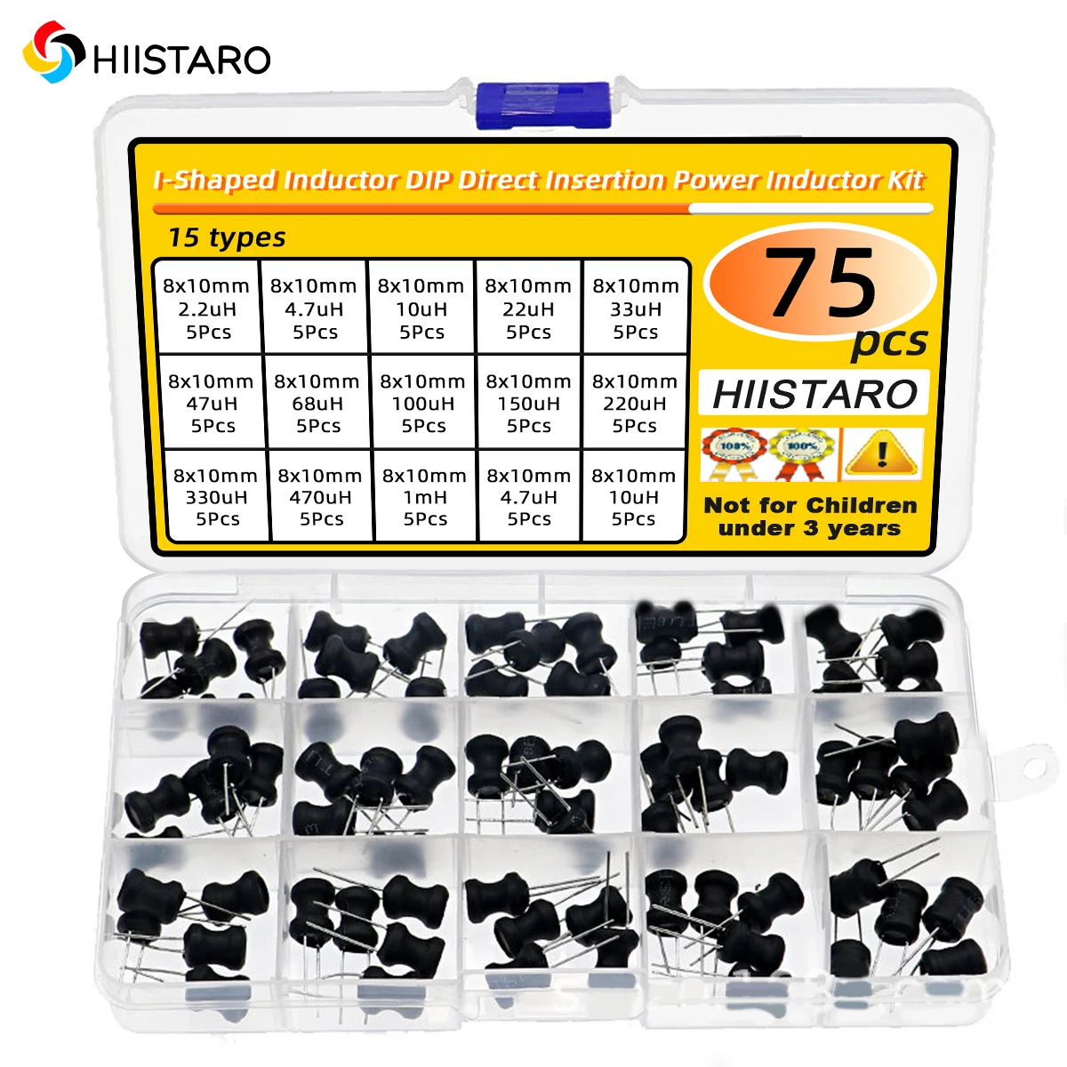 75 Uds 15 especificaciones 8x10mm 2.2uH-10mH Inductor en forma de I DIP Kit de inductor de potencia de inserción directa