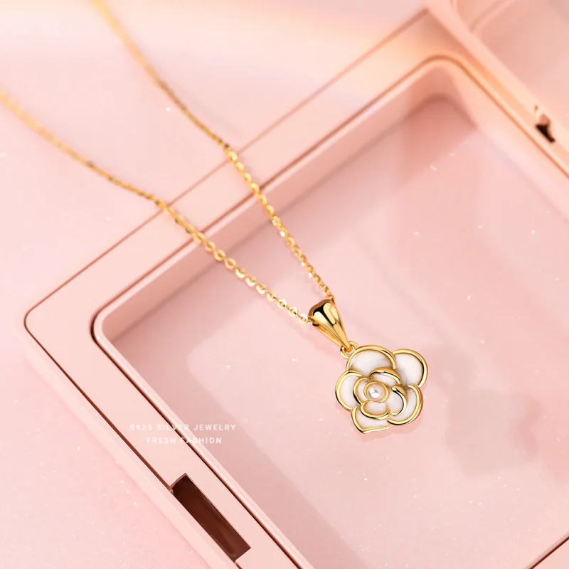 S925Sterling Silver Camellia Epoxy Necklace Women's Light Luxury All-Matching Elegant Light Luxury Shell Bead Pendant Clavicle C