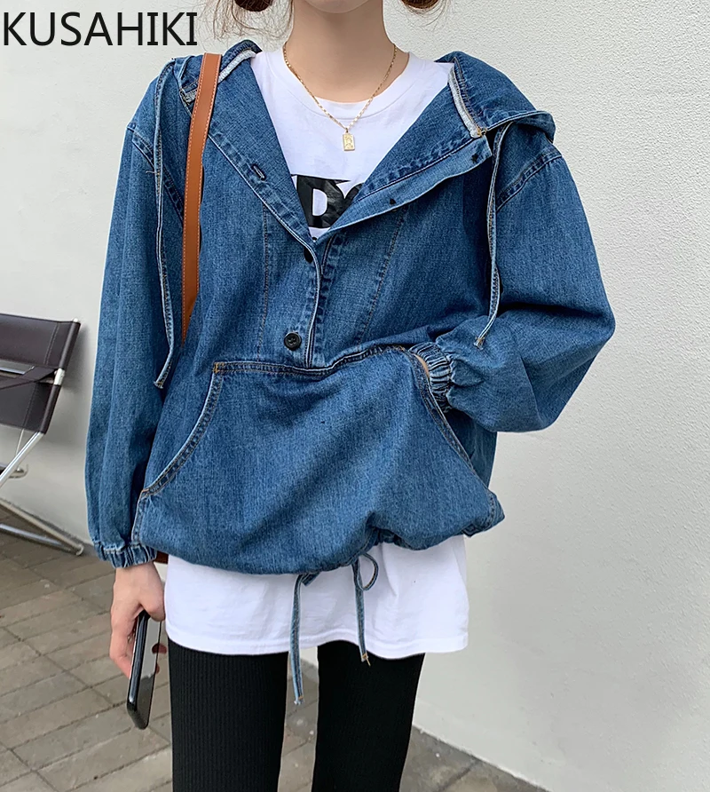 KUSAHIKI Jeans Hooded Sweatshirt 2023 Autumn Causal Long Sleeve Women Hoody Korean Drawstring Pocket Demin Hoodie Jumper 6C511