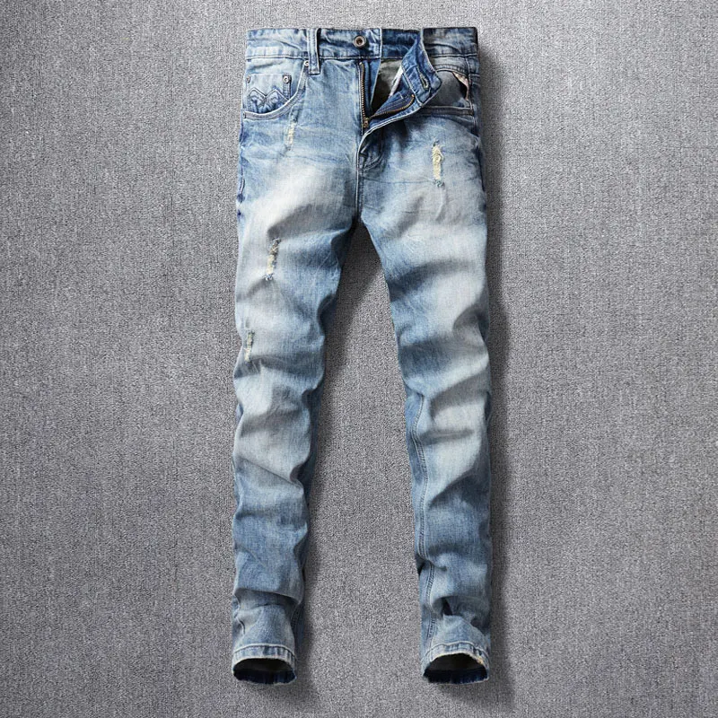 

Streetwear Fashion Men Jeans High Quality Retro Light Blue Stretch Slim Fit Frayed Ripped Jeans Men Vintage Designer Denim Pants