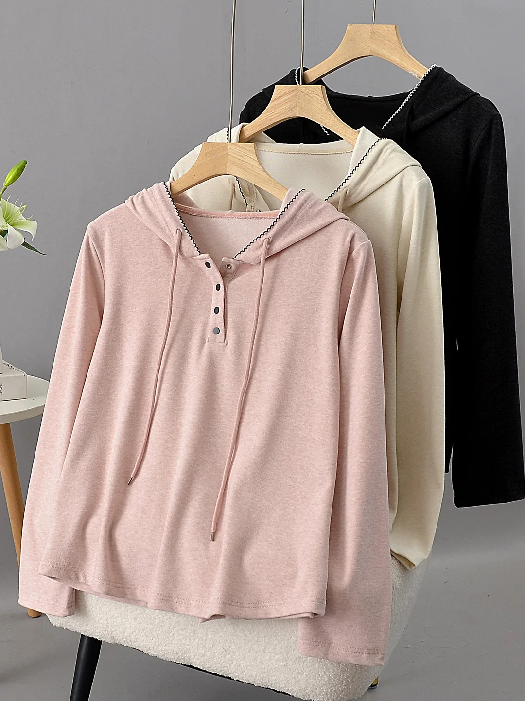 

Loose Women's Hoodie Drawstring Long Sleeve Half Button Casual Versatile Korean Style Autumn New Arrival plus Size Top