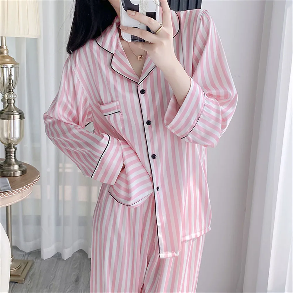 Pink Striped Printed Satin 2Pcs Sleep Set Pajamas Women Sleepwear Lapel Shirt Pants Pijamas Suit Spring Nightwear