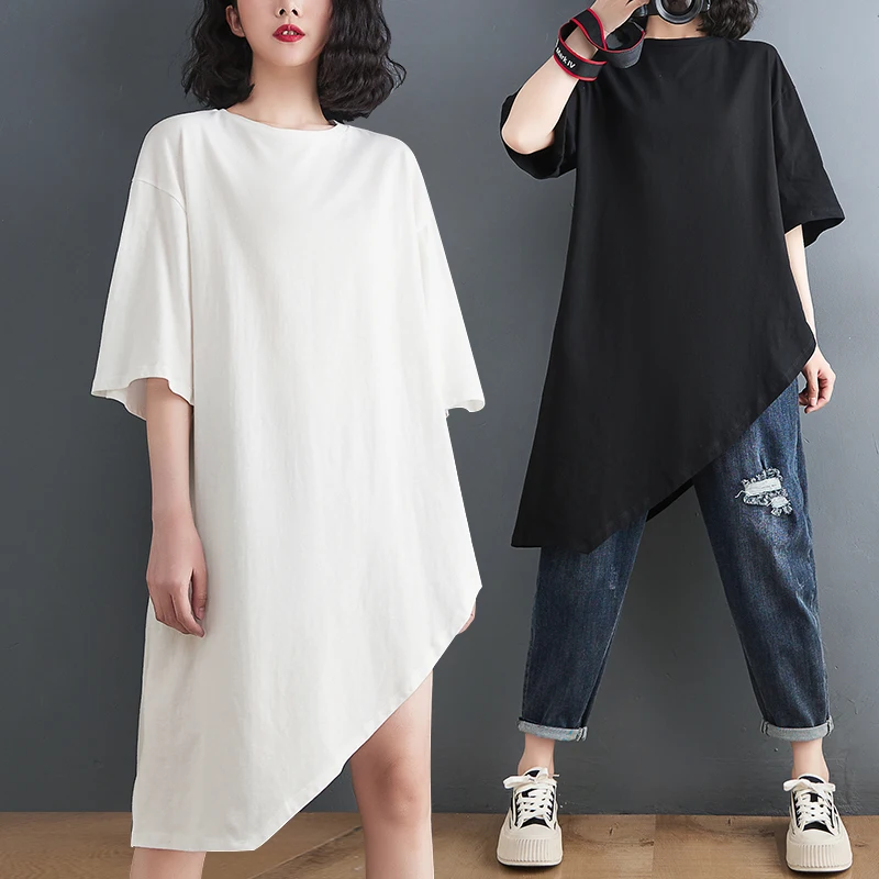 

Plus Size Summer Casual Loose Women's T-irt Design Sensation Quirky Top Versatile Irregular Korean Sle round Ne ort Sve