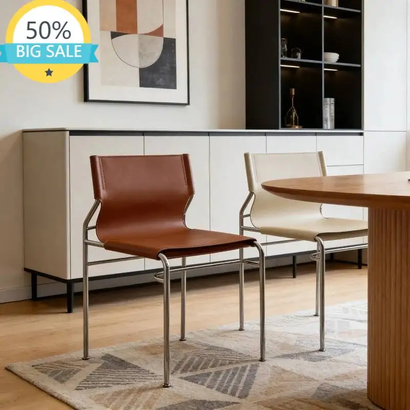 Modern Retro Dining Chair With Leather Upholstery & Chrome Metal Frame Accent Chair For Dining Room Living Room Home Furniture