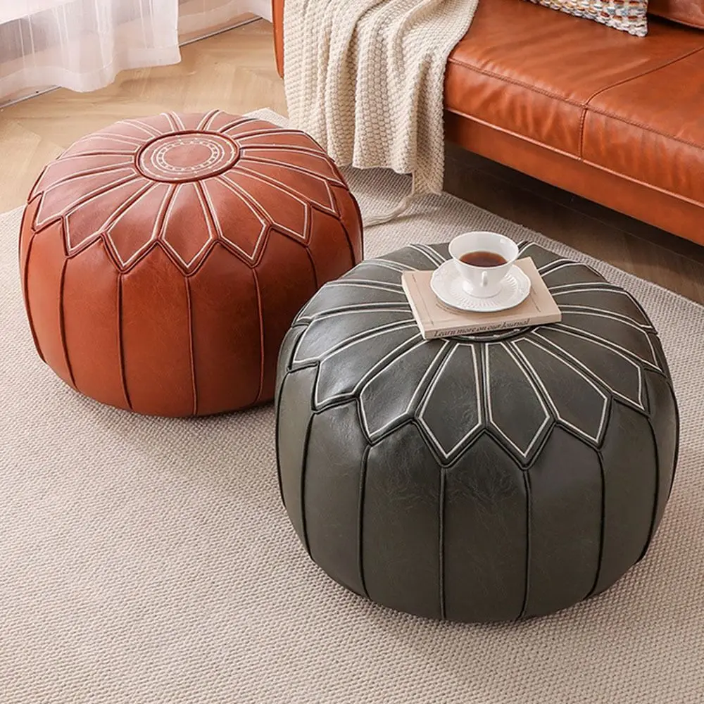 puレザー製充填式オットマンプーフ、丸型モロッコスタイル、刺繍模様入りプーフカバー、フロアシートクッション、リビングルーム用