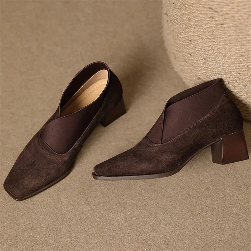 Hot New Spring Sheep Suede Women Shoes Square Toe Women Pumps Shoes for Women Chunky Heels Deep Mouth Loafers Zapatos Mujer