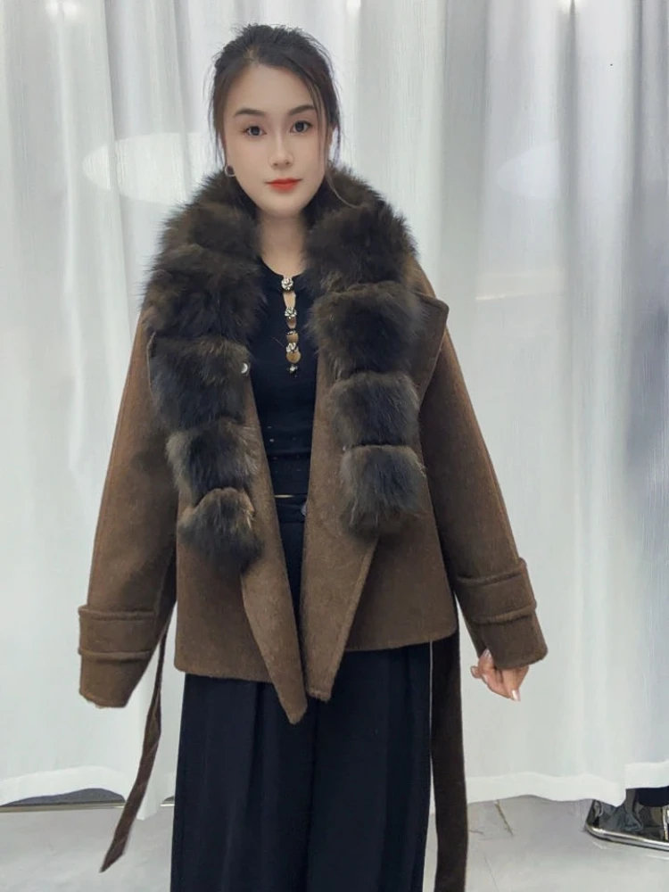 Women Oversized Short Plush Overcoat Elegant Collar Belted Wrap Fur Jacket Winter Warm Office Commuting Outerwear for Ladies
